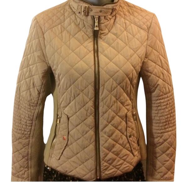 Zara Jackets & Blazers - Zara Quilted Moto Jacket Women’s Size Medium Tan Gold Cropped Stretch Side Panel